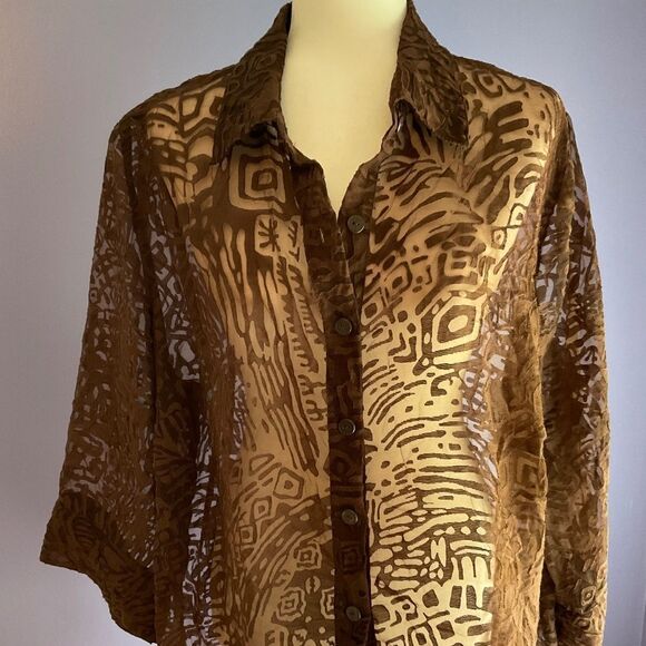 Sheer Brown Cutout Button Down Blouse 18W - Picture 1 of 5